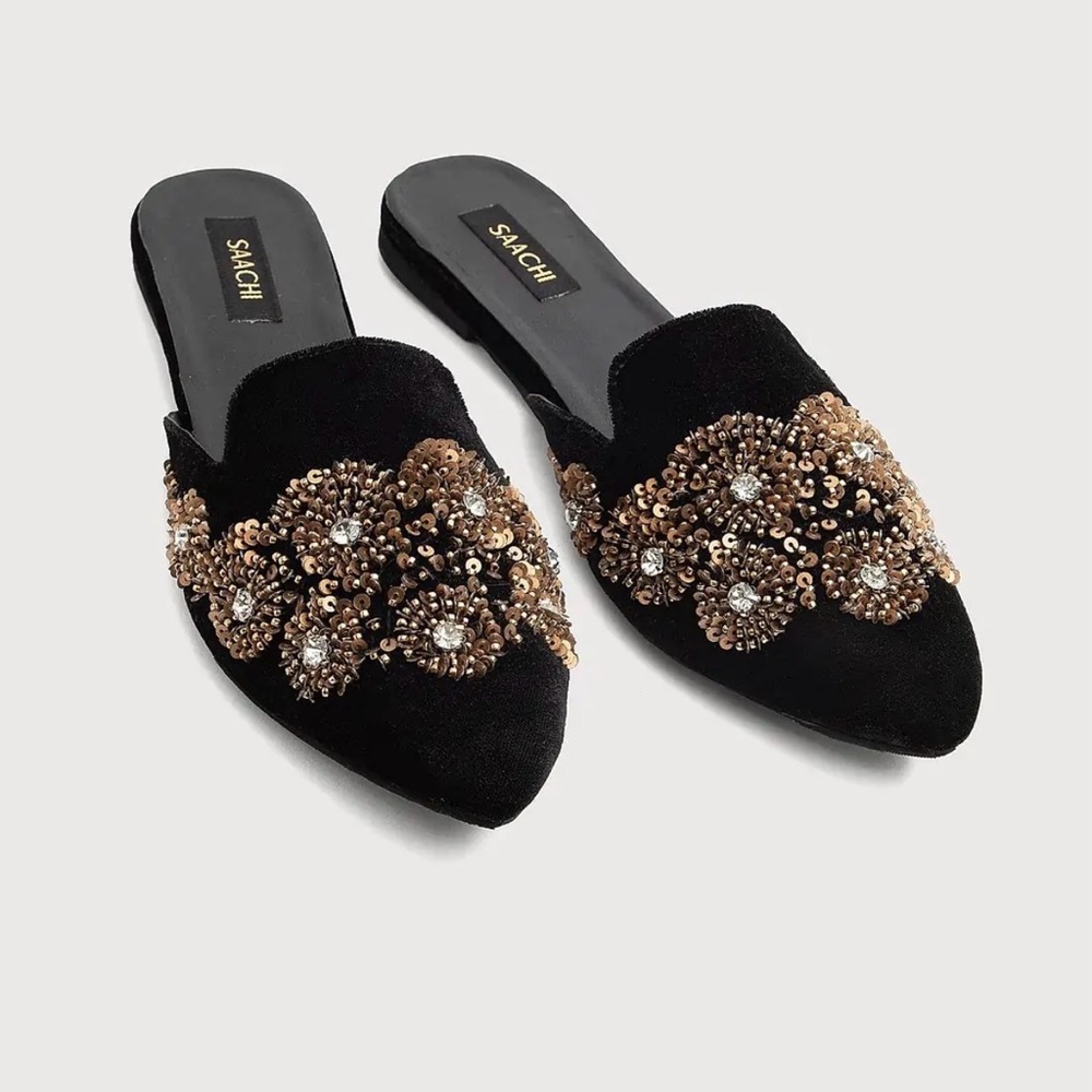 Saachi Ornate Sequin Velvet Mule‎ Slides Floral Black Gold Size 10 NWOT